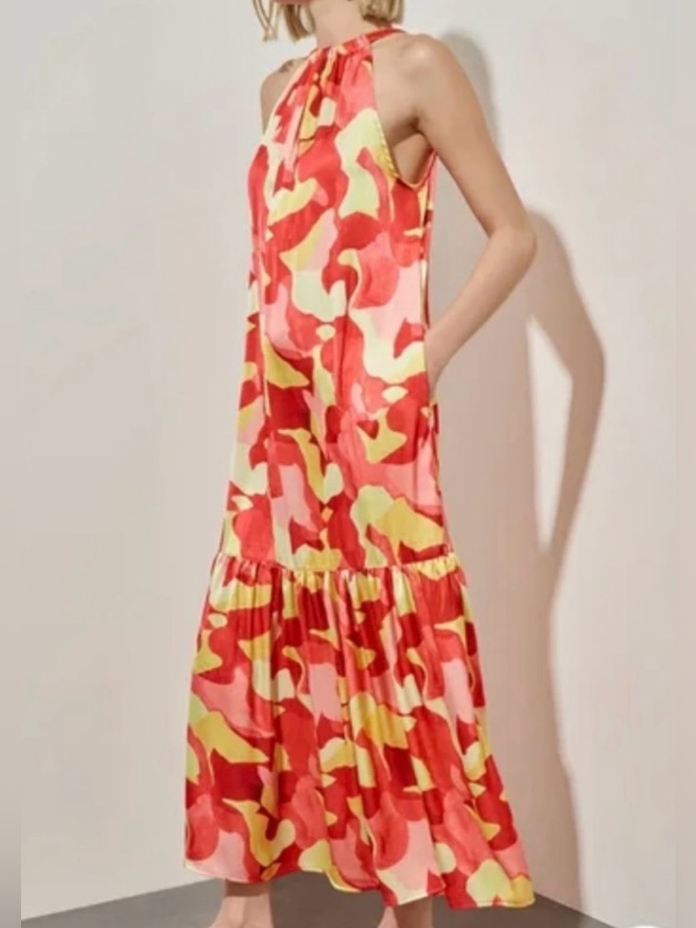 Ming Wang M Abstract Print Crepe de Chine Halter Maxi Dress Resortwear Boho-Chic